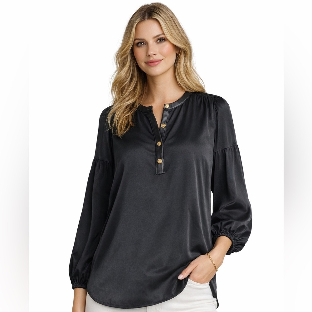 Emily Mccarthy Faux Leather Trim Blouse